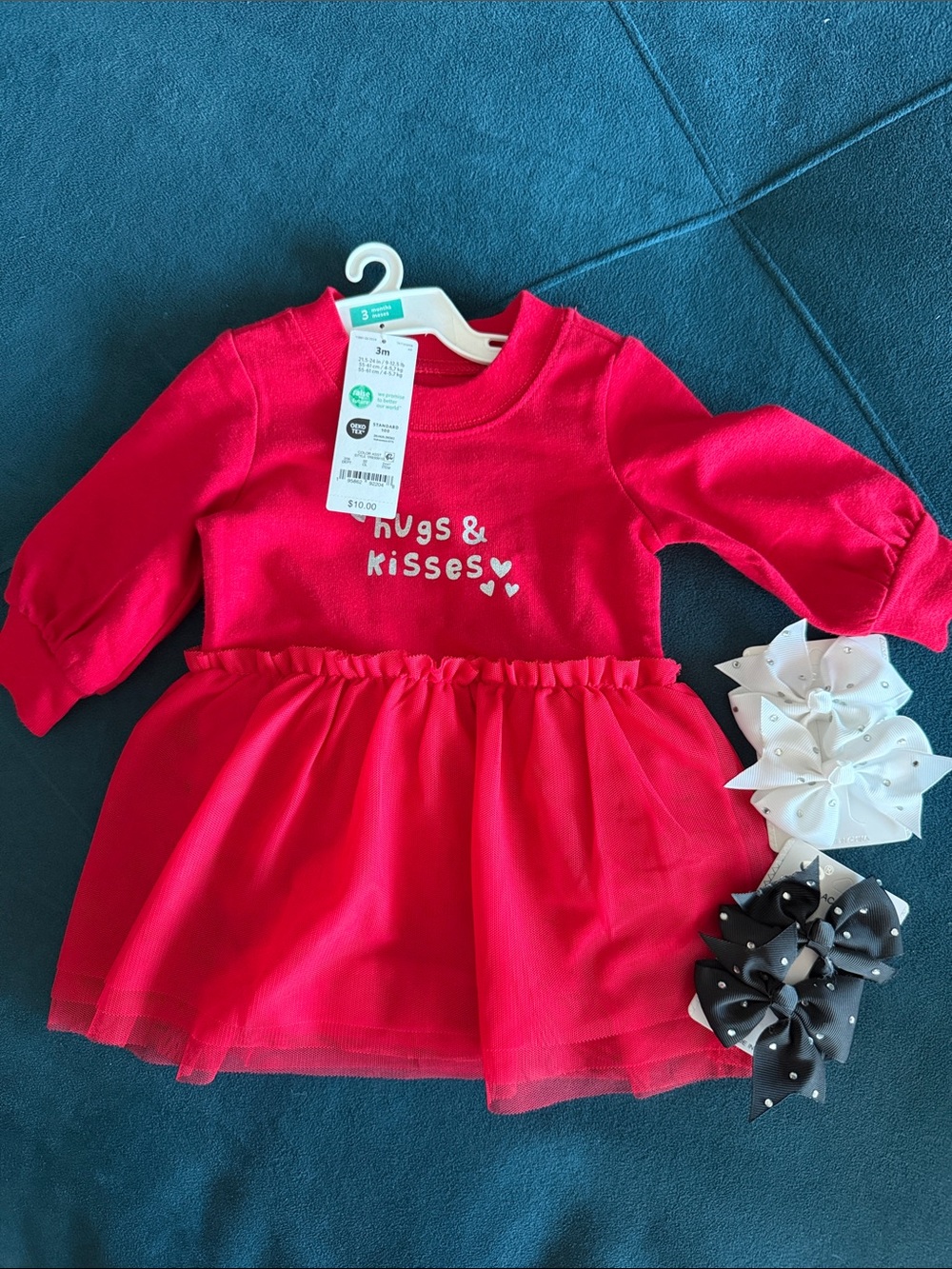 NWT baby Girls Hugs & Kisses Red Tulle Dress with Long Sleeves and hair bows